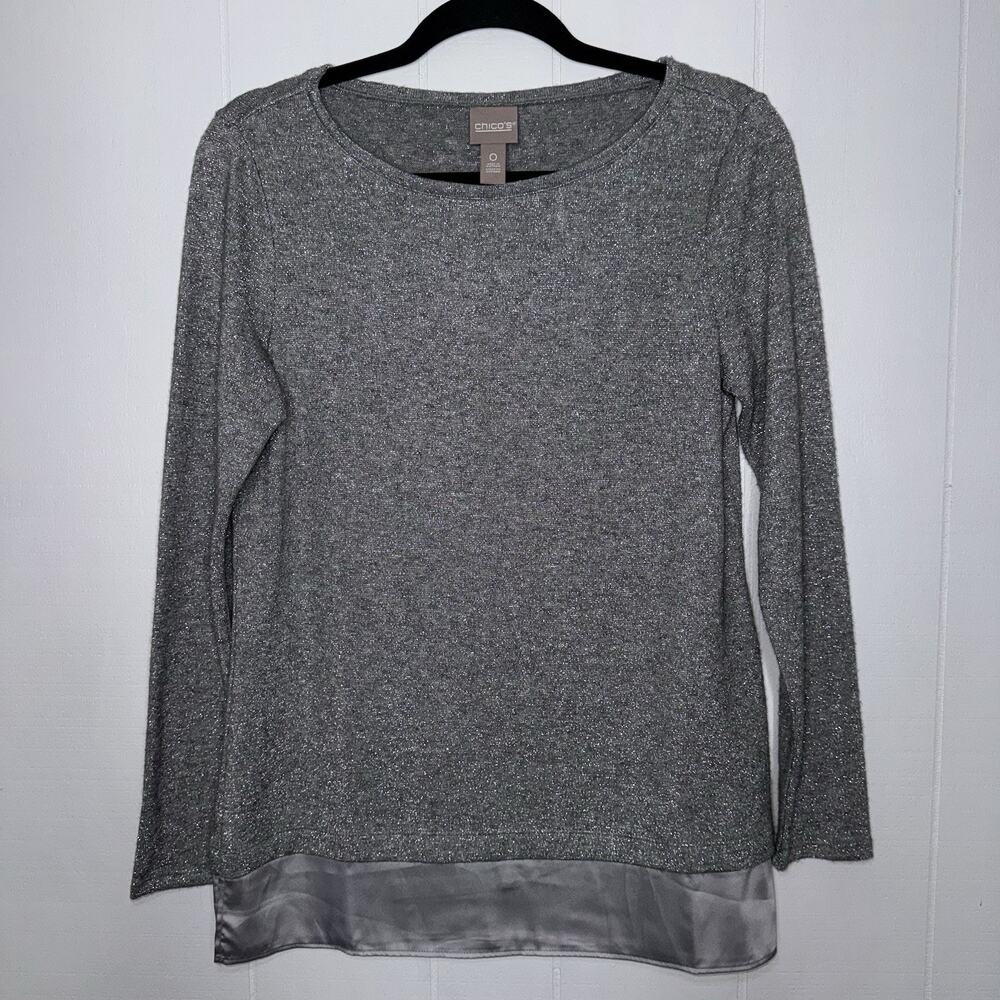 Chico’s Women’s Silver Metallic Sweater Satin Trim Size 0, Small
